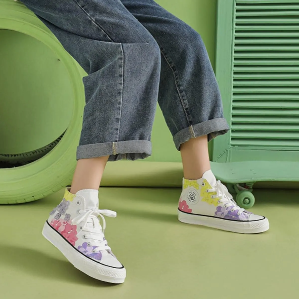 Canvas High Top Sneakers for Women – Floral Print Retro Skate Shoes, Casual Lace-Up Streetwear, Korean Style Art Shoes for Student Girls