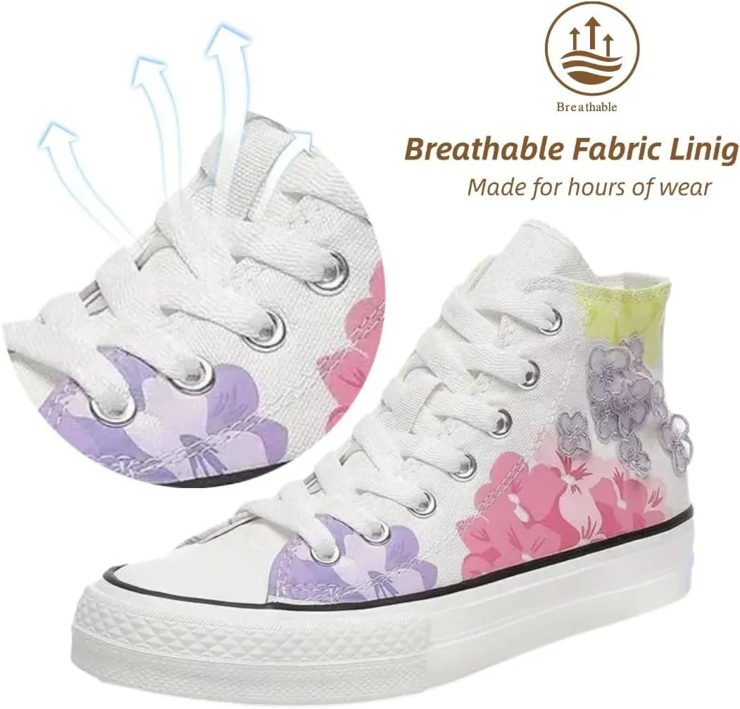 Canvas High Top Sneakers for Women – Floral Print Retro Skate Shoes, Casual Lace-Up Streetwear, Korean Style Art Shoes for Student Girls