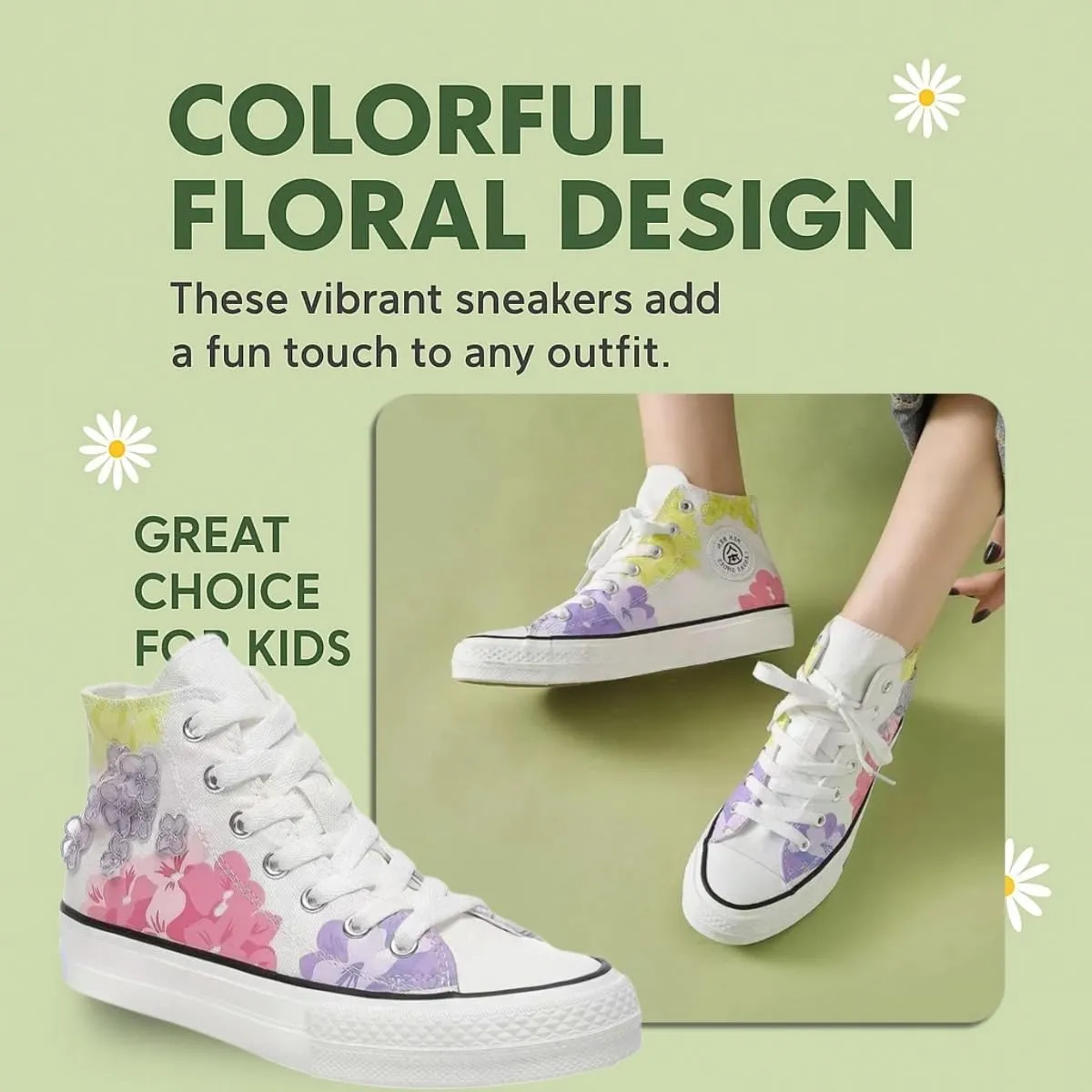 Canvas High Top Sneakers for Women – Floral Print Retro Skate Shoes, Casual Lace-Up Streetwear, Korean Style Art Shoes for Student Girls
