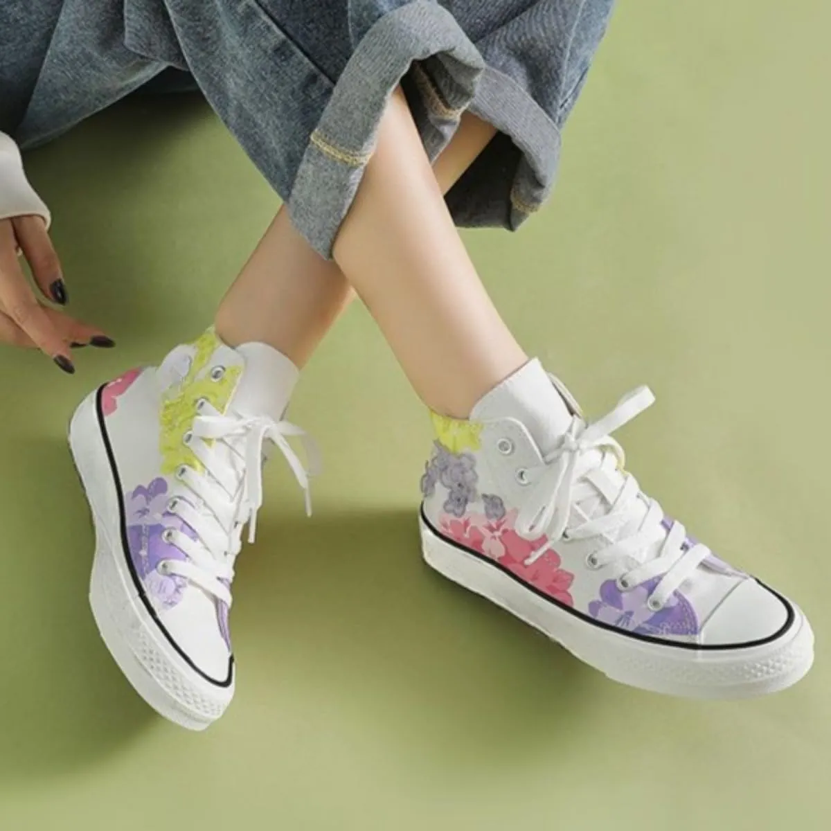 Canvas High Top Sneakers for Women – Floral Print Retro Skate Shoes, Casual Lace-Up Streetwear, Korean Style Art Shoes for Student Girls