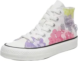 Canvas High Top Sneakers for Women – Floral Print Retro Skate Shoes, Casual Lace-Up Streetwear, Korean Style Art Shoes for Student Girls