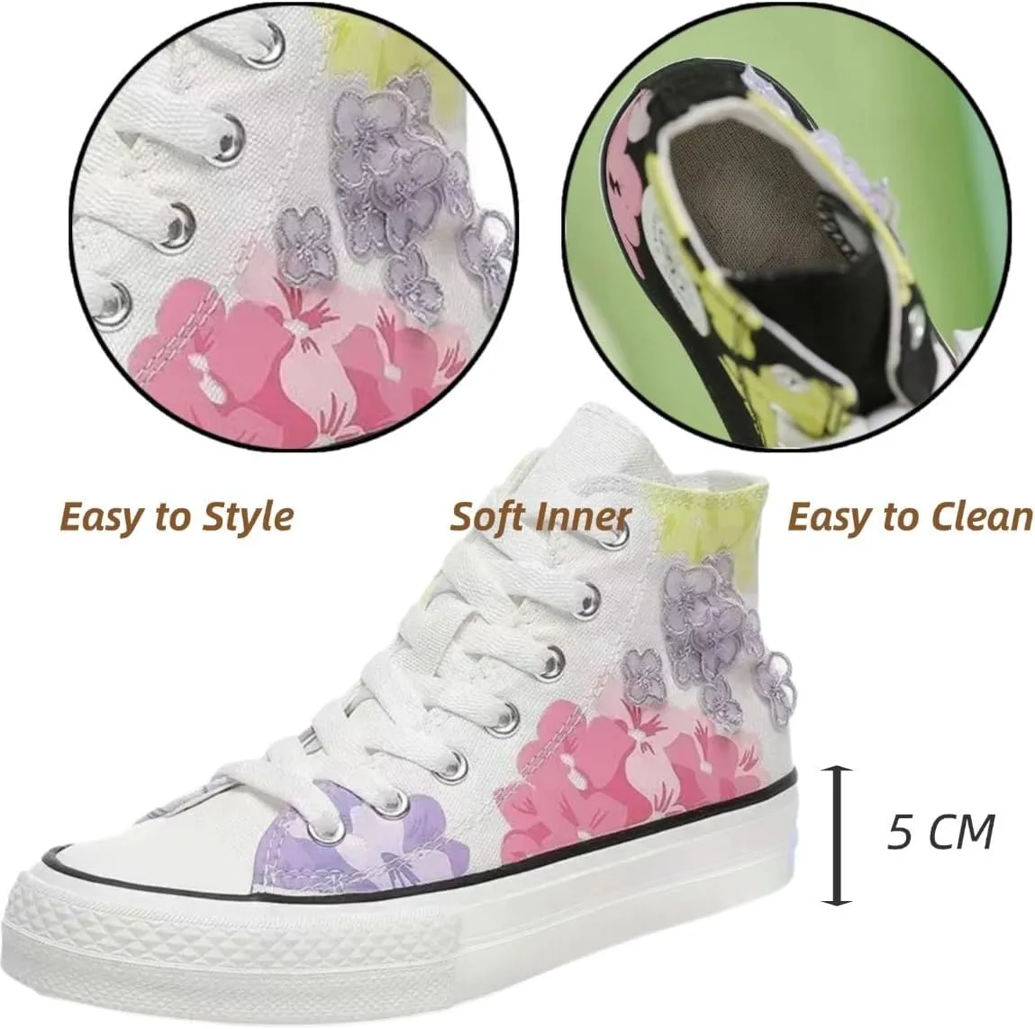 Canvas High Top Sneakers for Women – Floral Print Retro Skate Shoes, Casual Lace-Up Streetwear, Korean Style Art Shoes for Student Girls