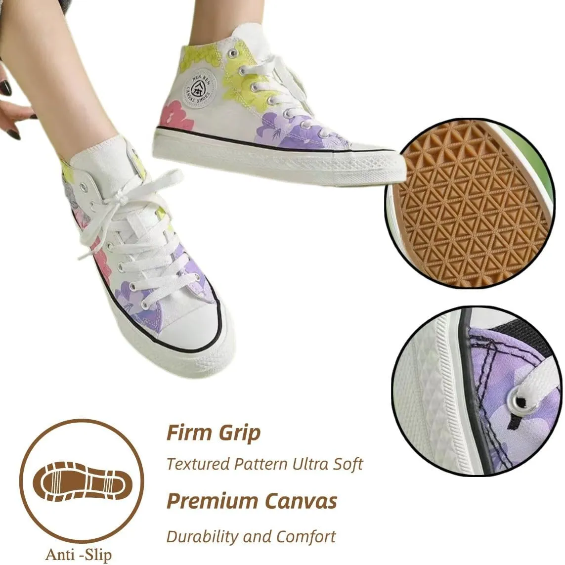 Canvas High Top Sneakers for Women – Floral Print Retro Skate Shoes, Casual Lace-Up Streetwear, Korean Style Art Shoes for Student Girls
