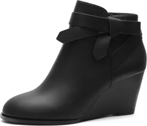 Carcuume Ankle Boots for Women,Ankle Tie Knot,Side Zipper,Round Toe,Chunky Heels,Boots for Women