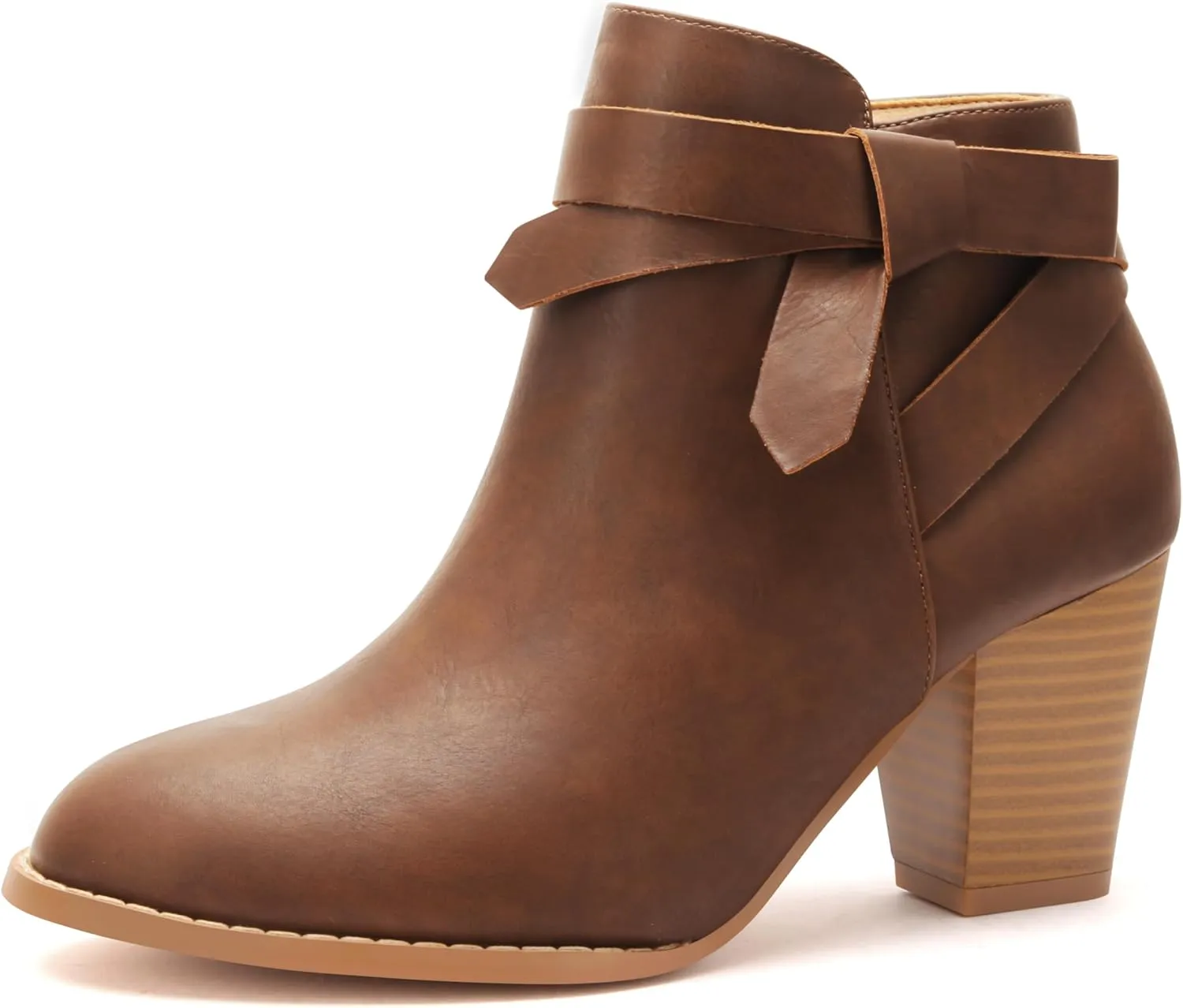 Carcuume Ankle Boots for Women,Ankle Tie Knot,Side Zipper,Round Toe,Chunky Heels,Boots for Women,ABI2023-BROWN-10