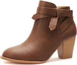 Carcuume Ankle Boots for Women,Ankle Tie Knot,Side Zipper,Round Toe,Chunky Heels,Boots for Women,ABI2023-BROWN-10