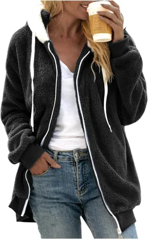 Casual Full Zip Sherpa Hoodies for Women Fleece Warm Soft Oversized Sweatshirts Drawstring Long Sleeve Winter Jackets