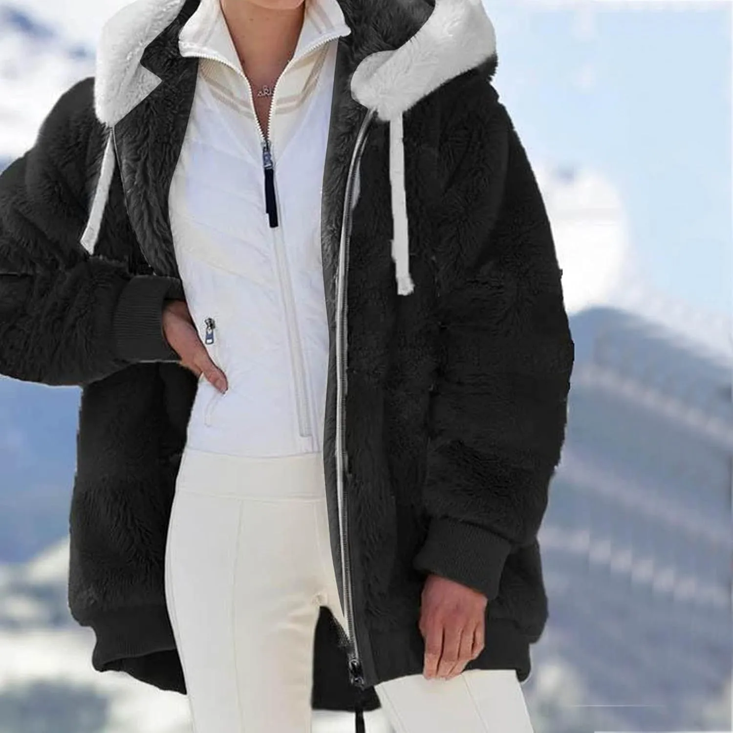 Casual Full Zip Sherpa Hoodies for Women Fleece Warm Soft Oversized Sweatshirts Drawstring Long Sleeve Winter Jackets