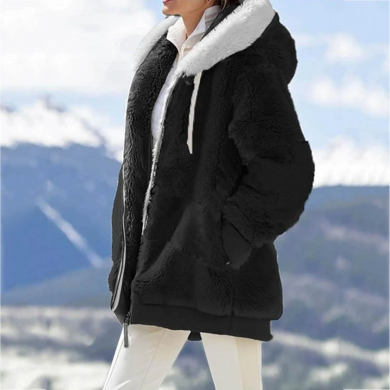 Casual Full Zip Sherpa Hoodies for Women Fleece Warm Soft Oversized Sweatshirts Drawstring Long Sleeve Winter Jackets