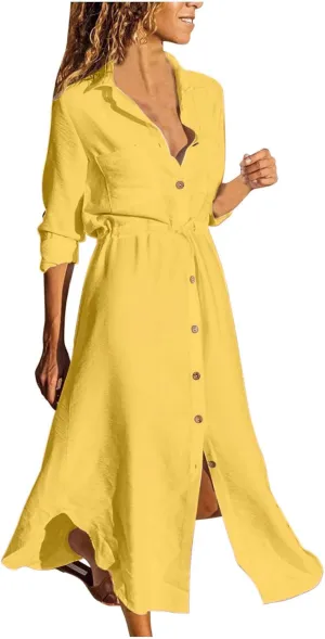 Ceboyel Linen Shirt Dresses for Women Button Down Drawstring Causal Dress Plain Long Maxi Dresses Trendy Ladies Outfits 2023