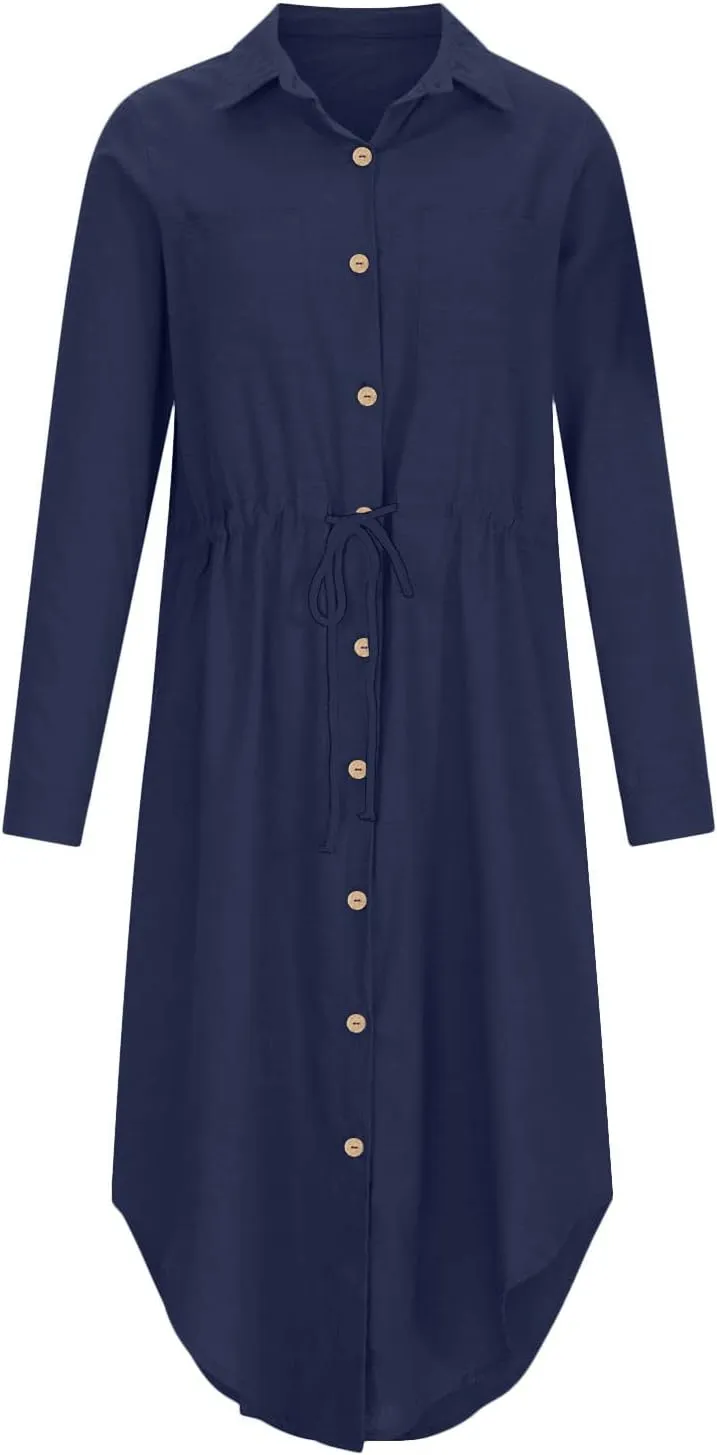 Ceboyel Linen Shirt Dresses for Women Button Down Drawstring Causal Dress Plain Long Maxi Dresses Trendy Ladies Outfits 2023