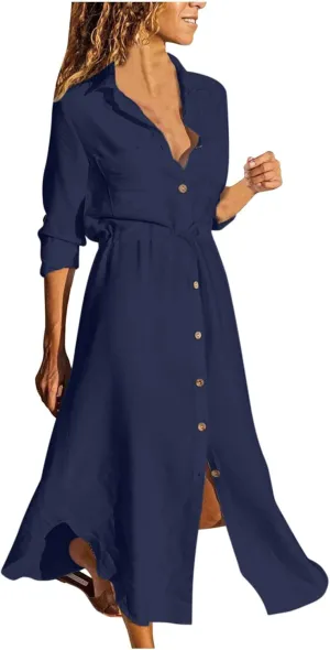 Ceboyel Linen Shirt Dresses for Women Button Down Drawstring Causal Dress Plain Long Maxi Dresses Trendy Ladies Outfits 2023