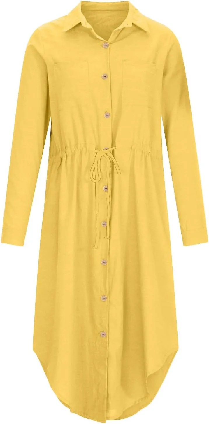 Ceboyel Linen Shirt Dresses for Women Button Down Drawstring Causal Dress Plain Long Maxi Dresses Trendy Ladies Outfits 2023