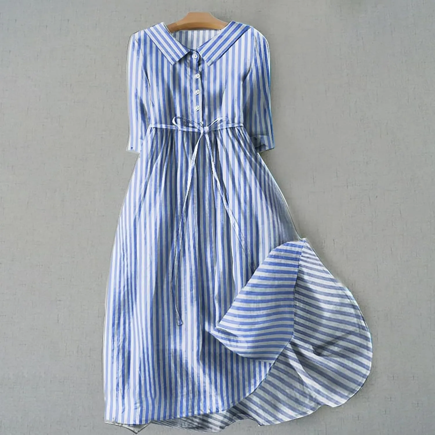 Ceboyel Women Bohemian Cotton Linen Dresses 3/4 Sleeve Maxi Long Dress Plain Classic Dresses Trendy Boho Dresses with Belt