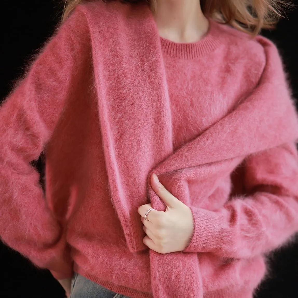 chouyatou Womens Elegant Furry Open Front Cardigan Crew-Neck Casual Fluffy Knit Button Down Sweater Coat
