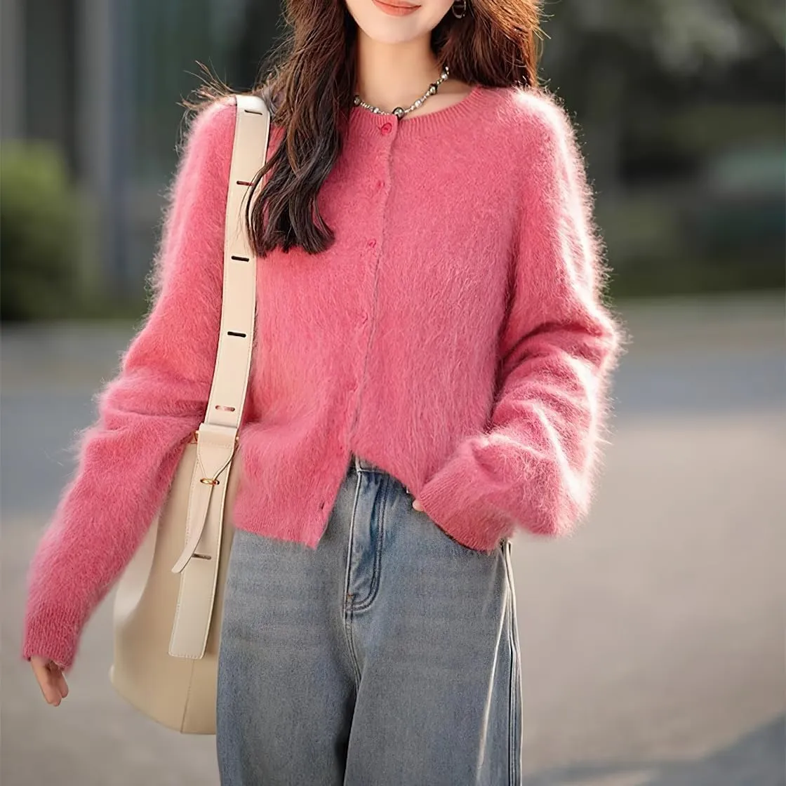 chouyatou Womens Elegant Furry Open Front Cardigan Crew-Neck Casual Fluffy Knit Button Down Sweater Coat