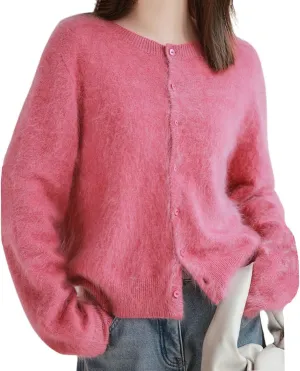 chouyatou Womens Elegant Furry Open Front Cardigan Crew-Neck Casual Fluffy Knit Button Down Sweater Coat
