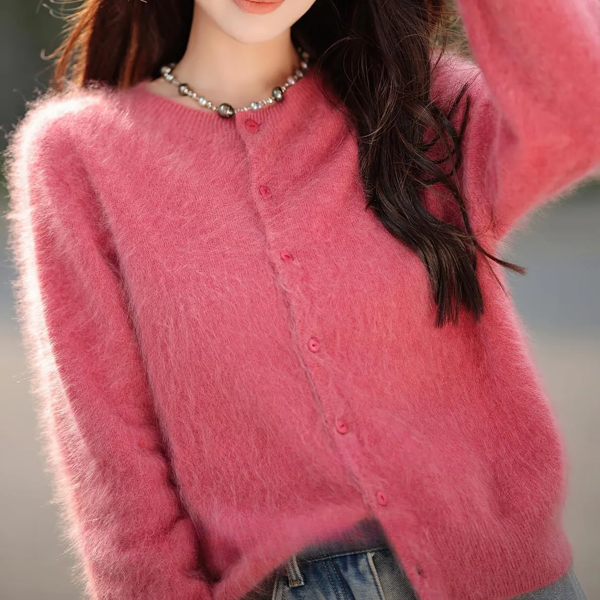 chouyatou Womens Elegant Furry Open Front Cardigan Crew-Neck Casual Fluffy Knit Button Down Sweater Coat