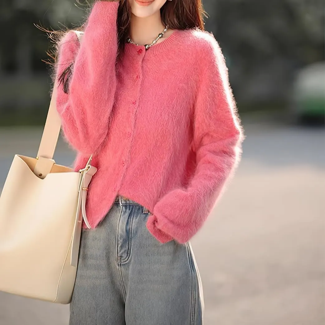 chouyatou Womens Elegant Furry Open Front Cardigan Crew-Neck Casual Fluffy Knit Button Down Sweater Coat