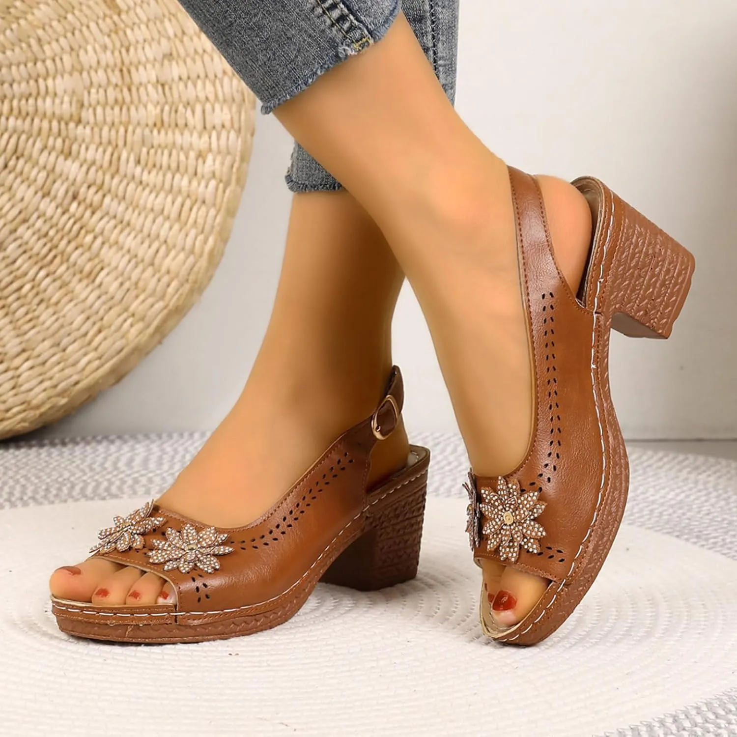 Chunky Heels for Women, Womens Dressy Comfortable Orthopedic Platform Wedge Sandals High Block Heels Ankle Strap Flower Sandals Dress Summer Shoes for Wedding Party Working