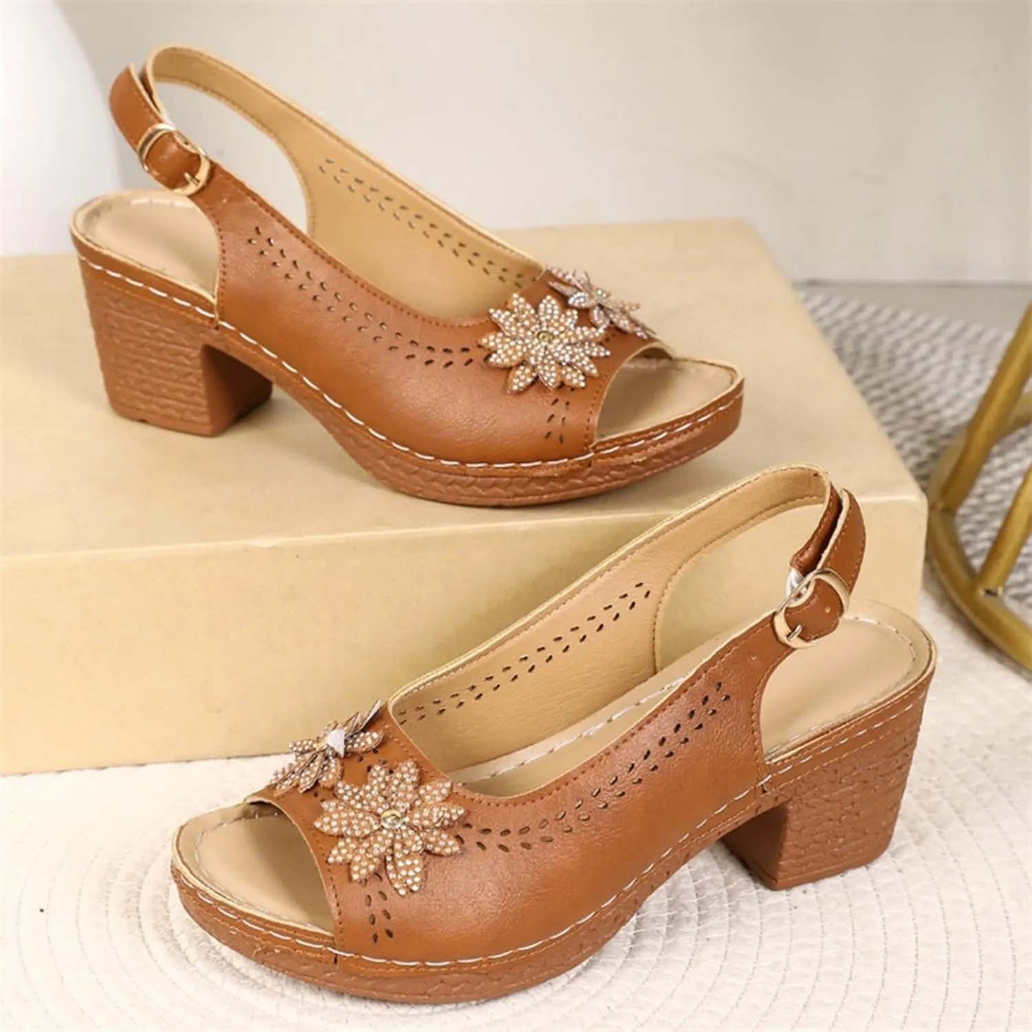 Chunky Heels for Women, Womens Dressy Comfortable Orthopedic Platform Wedge Sandals High Block Heels Ankle Strap Flower Sandals Dress Summer Shoes for Wedding Party Working