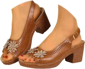 Chunky Heels for Women, Womens Dressy Comfortable Orthopedic Platform Wedge Sandals High Block Heels Ankle Strap Flower Sandals Dress Summer Shoes for Wedding Party Working