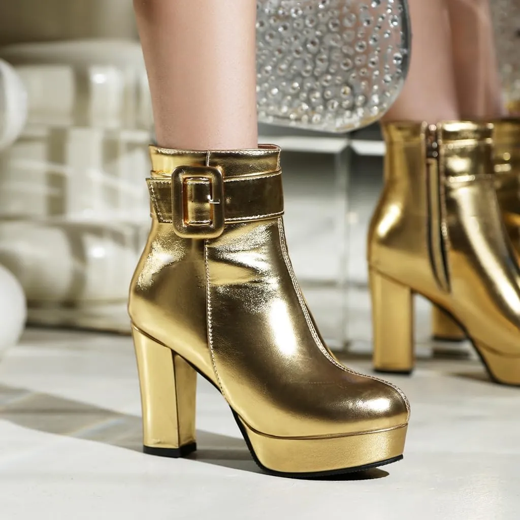 Chunky Platform High Heel Ankle Boots For Womens Round Toe Buckle Zipper Winter Dressy Short Bootie