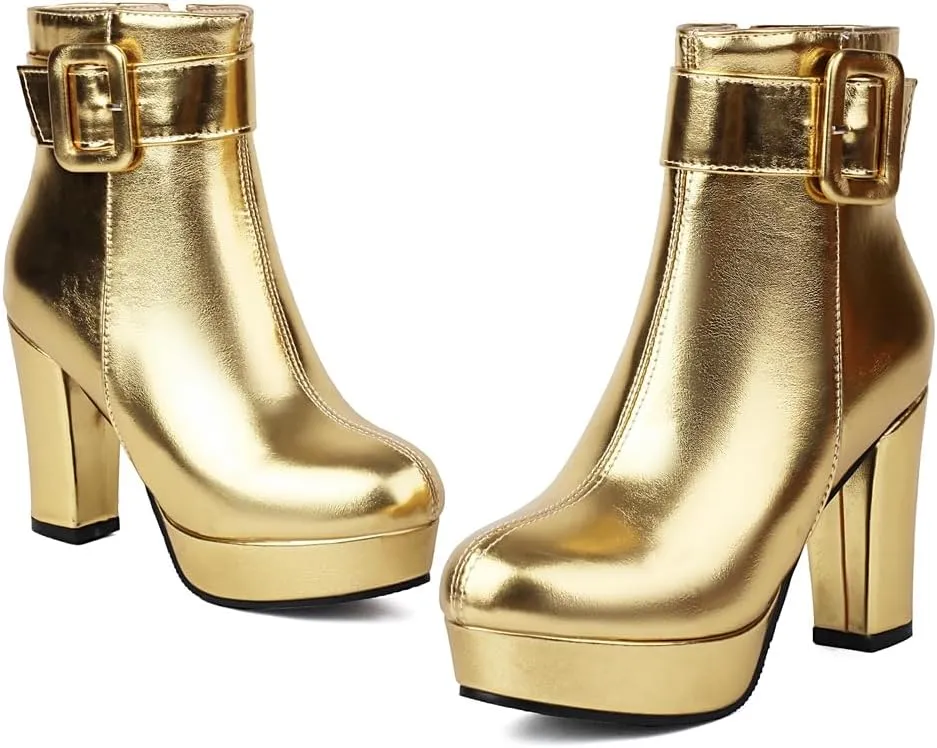 Chunky Platform High Heel Ankle Boots For Womens Round Toe Buckle Zipper Winter Dressy Short Bootie