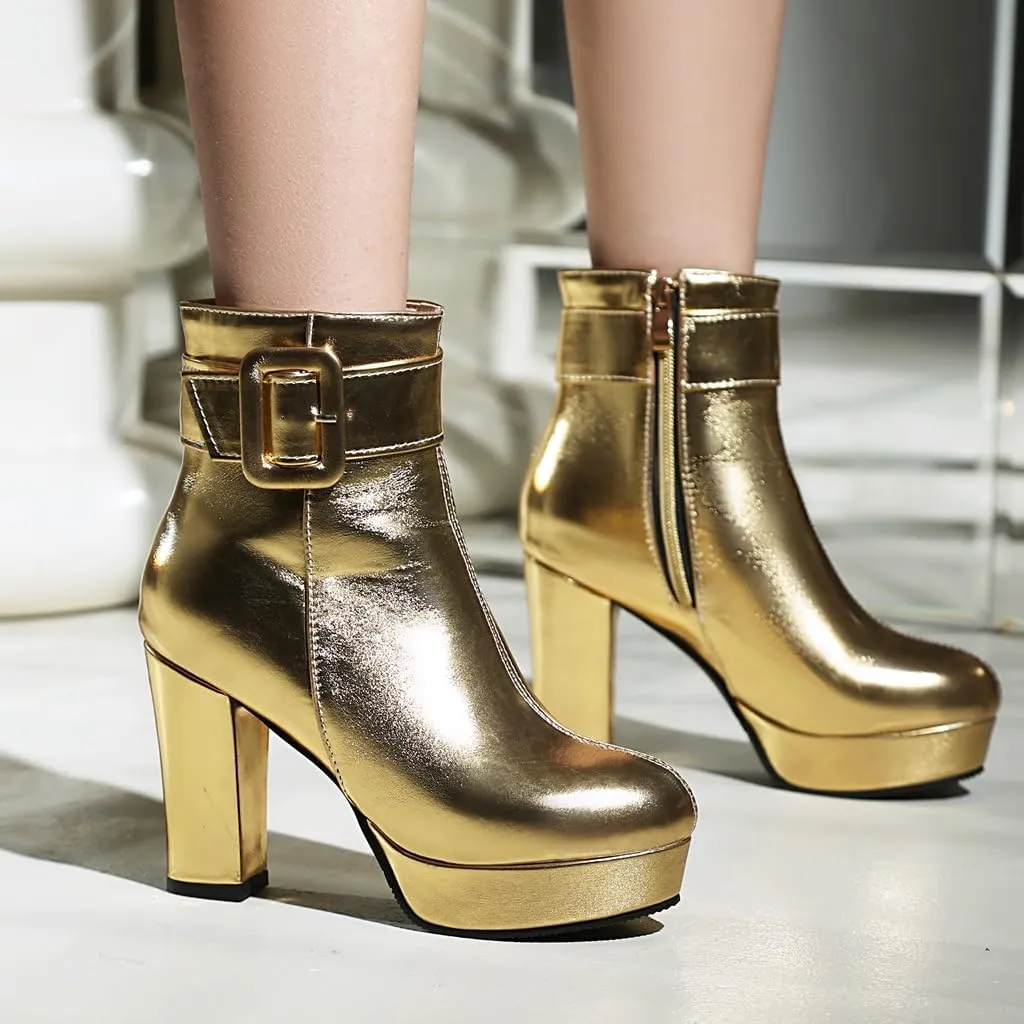 Chunky Platform High Heel Ankle Boots For Womens Round Toe Buckle Zipper Winter Dressy Short Bootie