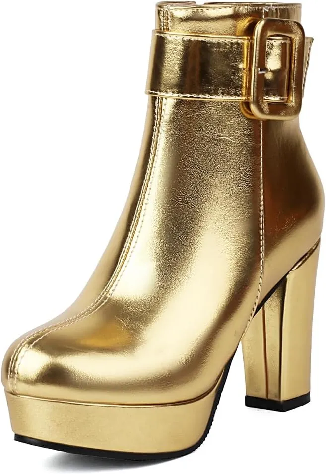Chunky Platform High Heel Ankle Boots For Womens Round Toe Buckle Zipper Winter Dressy Short Bootie