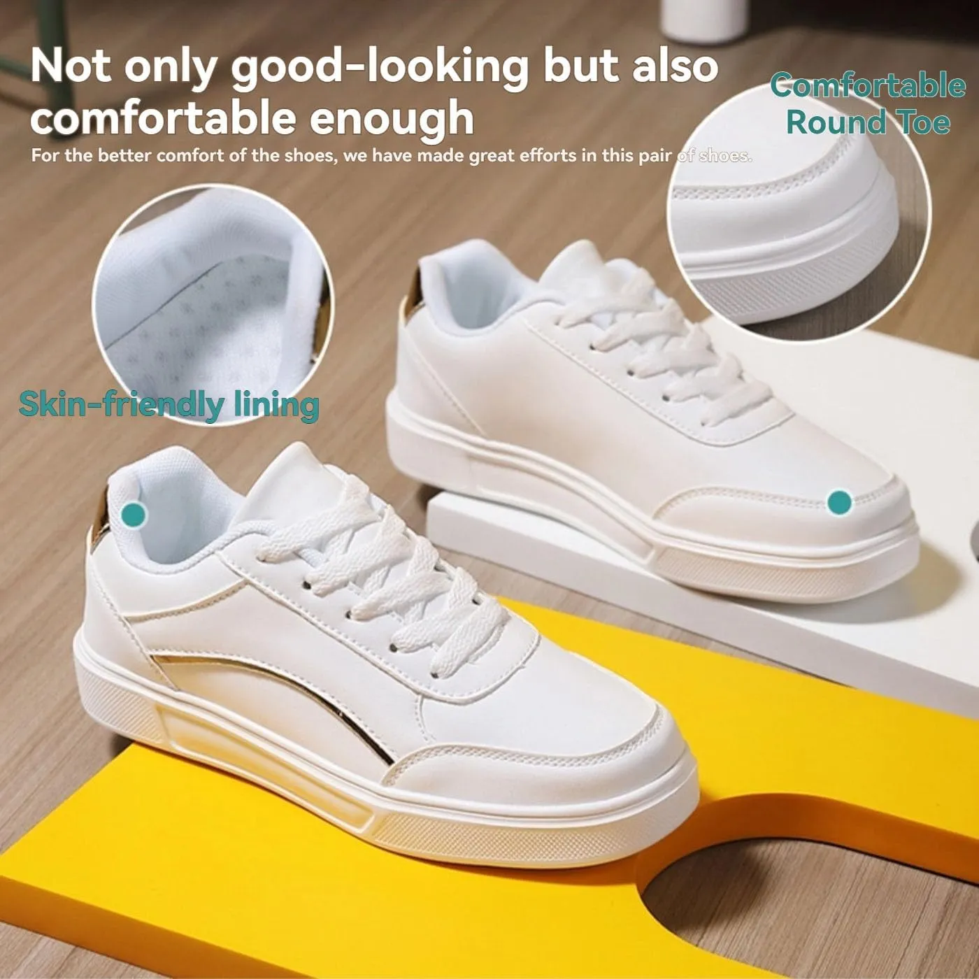 Chunky Sneakers for Women & Girls Anti-Slip White Walking Shoes Leather Lace-Up Skateboard Shoes