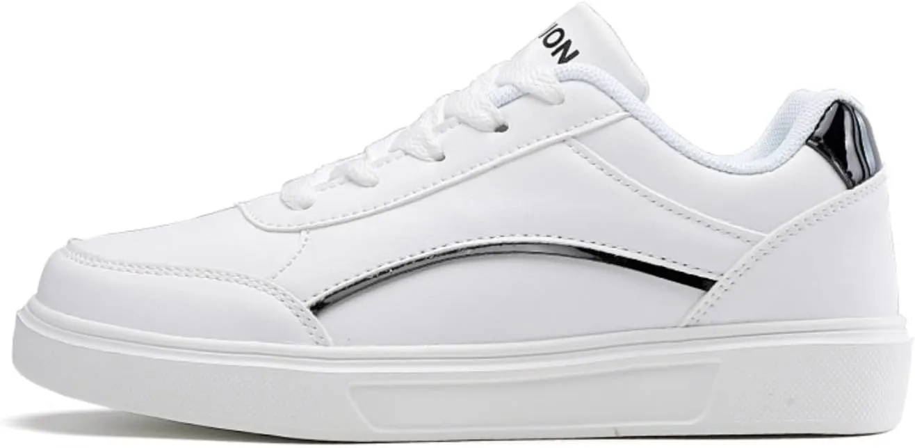 Chunky Sneakers for Women & Girls Anti-Slip White Walking Shoes Leather Lace-Up Skateboard Shoes