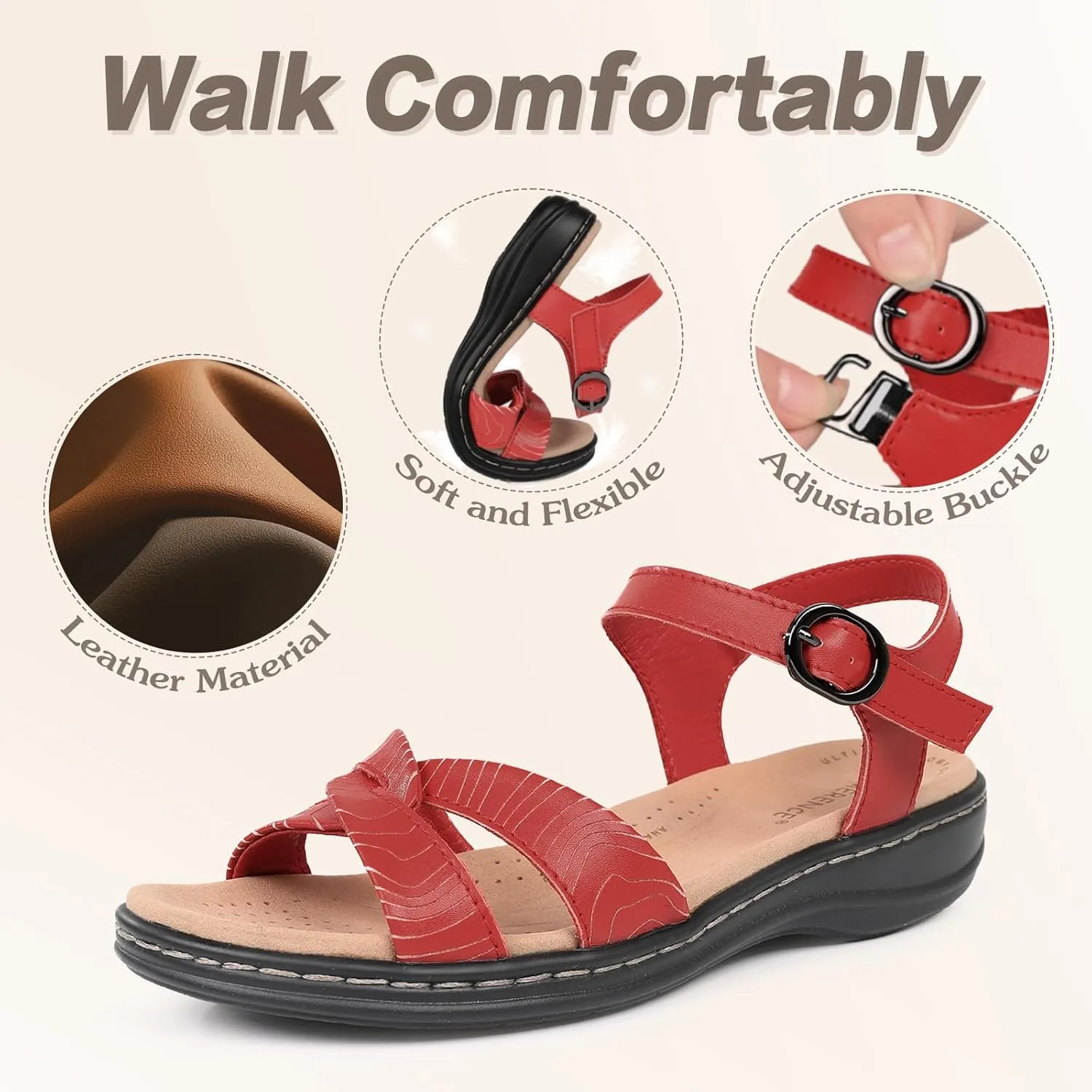 CIOR Leather Women Sandals with Arch Support, Comfortable Memory Foam Summer Beach Sandals Shoes
