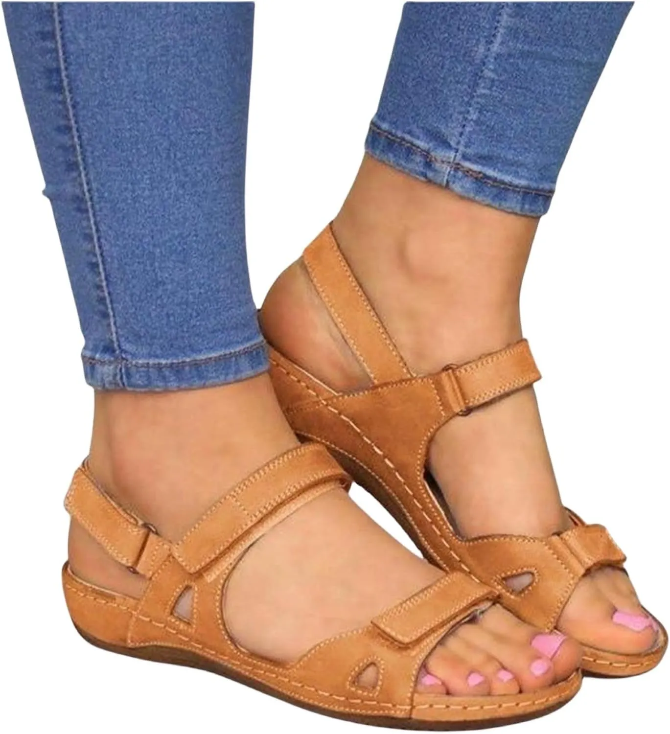Classic Sandals for Women Fish Mouth Shoes Wide Width Open Toe Flats Low Wedge Heel Comfortable Shoes Adjustable Hook and Loop Strap Casual Platform Sandals Summer Walking Shoe for Beach Vacation
