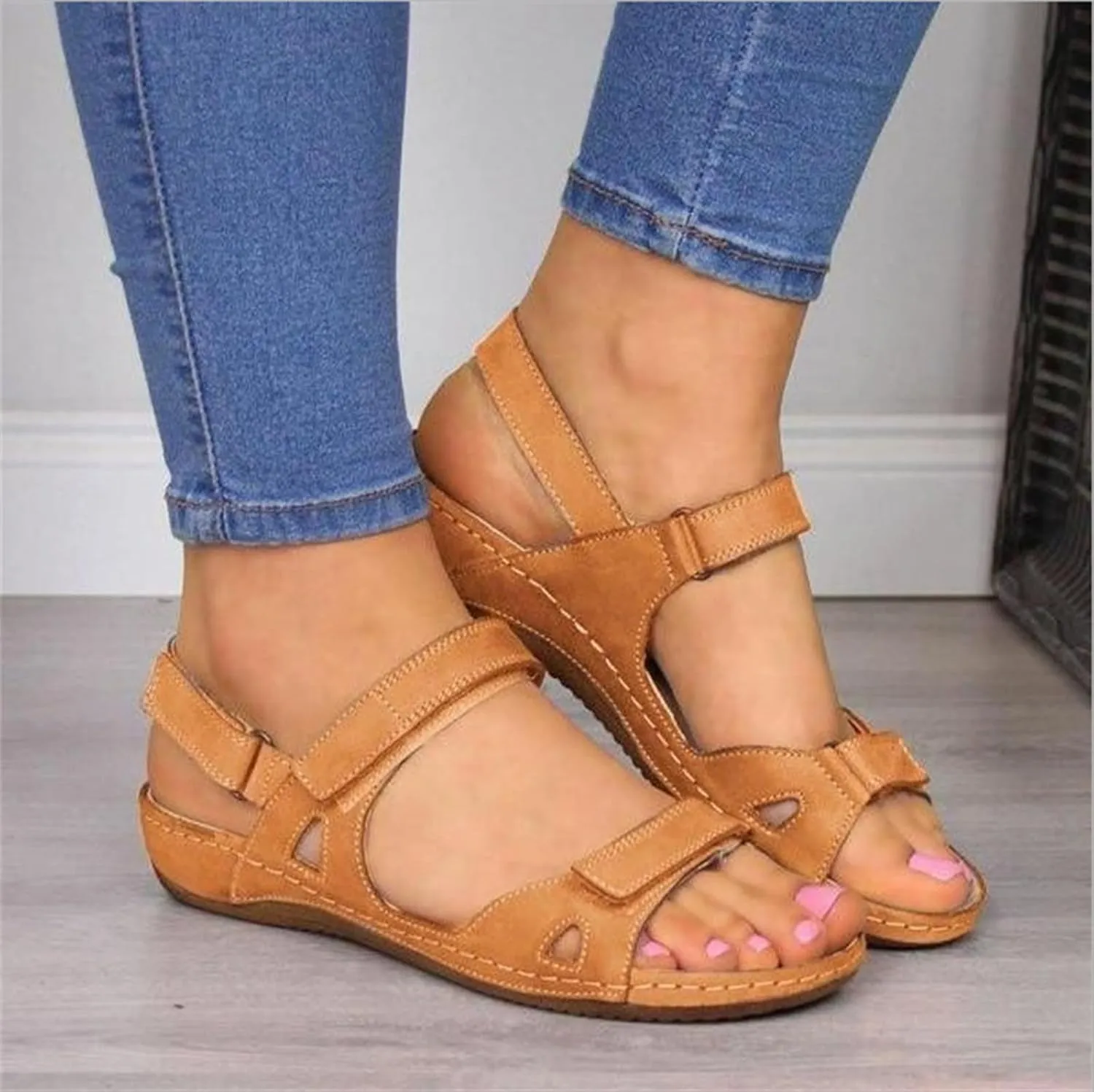 Classic Sandals for Women Fish Mouth Shoes Wide Width Open Toe Flats Low Wedge Heel Comfortable Shoes Adjustable Hook and Loop Strap Casual Platform Sandals Summer Walking Shoe for Beach Vacation