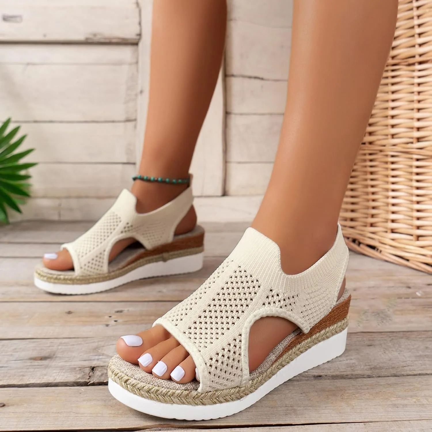 Closed Toe Sandals Women Summer Casual Hollow Strappy Flat Buckle Strap Comfort Insoles Stylish Jute Wrapped Bottom Design Wedge Platform Arch Support Linen Ankle Comfortable Breathable Beach