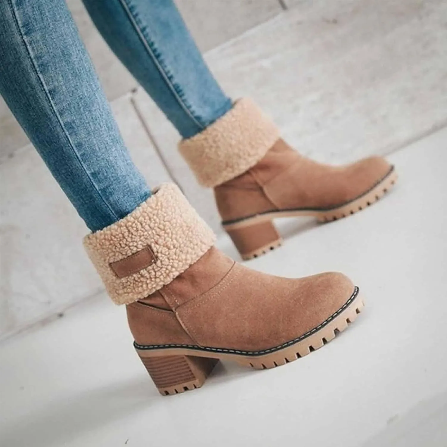 CLOUDEMO Winter Boots for Women, Women's Chunky Heel Round Toe Snow Boots, Seniors' Chunky Heel Winter Boots, Comfortable Mid Chunky Heel Suede Warm Fur Lined Boots