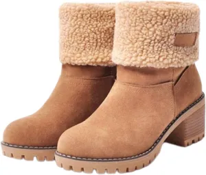 CLOUDEMO Winter Boots for Women, Women's Chunky Heel Round Toe Snow Boots, Seniors' Chunky Heel Winter Boots, Comfortable Mid Chunky Heel Suede Warm Fur Lined Boots