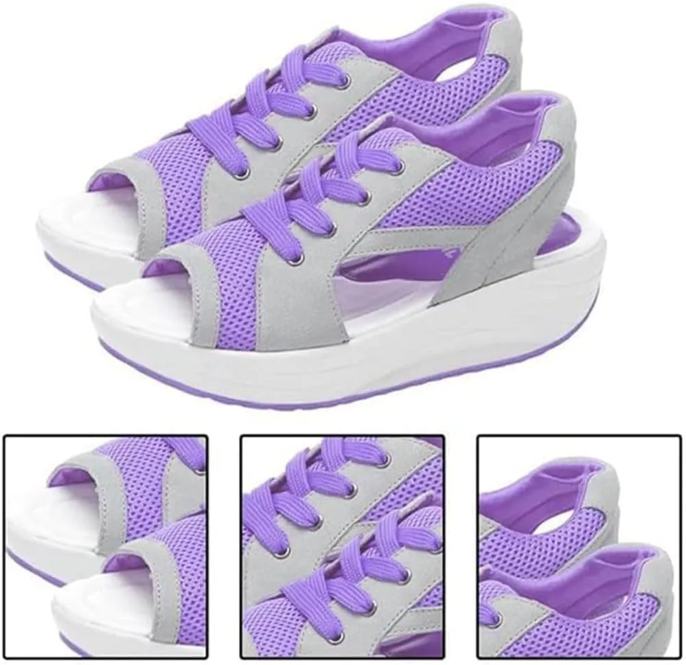 Contrast Paneled Cutout Lace-up Muffin Sandals for Women Open Toe Summer Slip On Causal Platform Wedges Sandal Fishmouth Sends Rocking Shoes Walking Ortho Supportive with Tie Straps Slippers