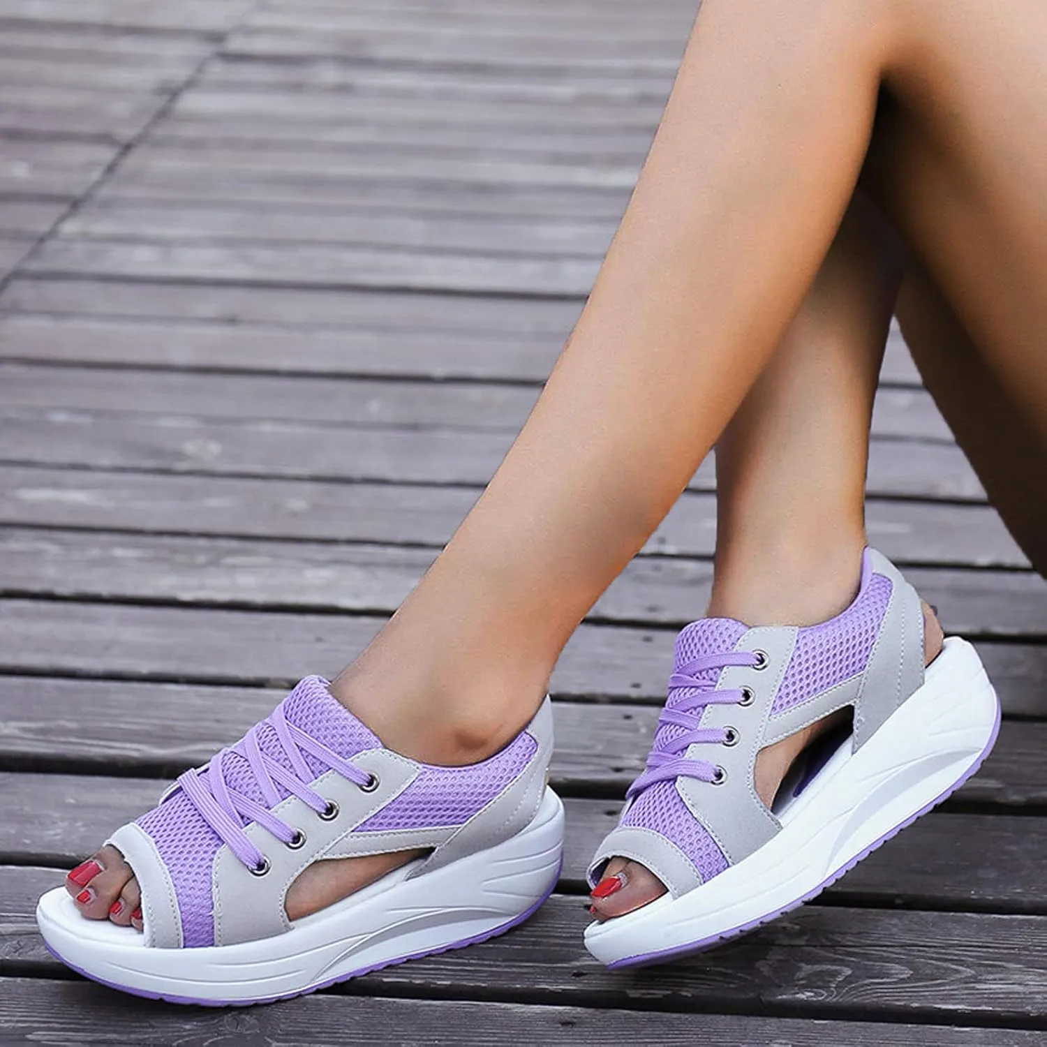 Contrast Paneled Cutout Lace-up Muffin Sandals for Women Open Toe Summer Slip On Causal Platform Wedges Sandal Fishmouth Sends Rocking Shoes Walking Ortho Supportive with Tie Straps Slippers