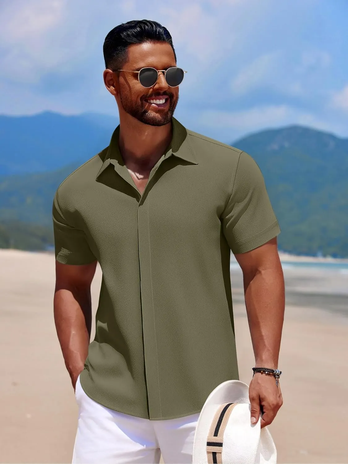 COOFANDY Men's Casual Short Sleeve Button Down Summer Beach Shirt Lightweight Textured Wrinkle Free Stretch Shirts
