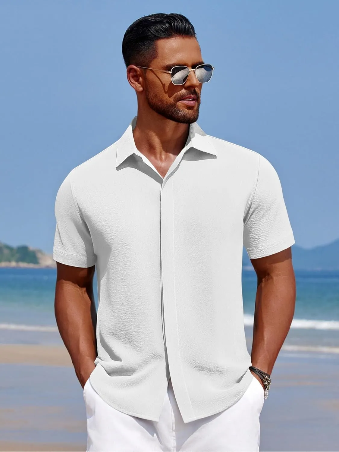 COOFANDY Men's Casual Short Sleeve Button Down Summer Beach Shirt Lightweight Textured Wrinkle Free Stretch Shirts