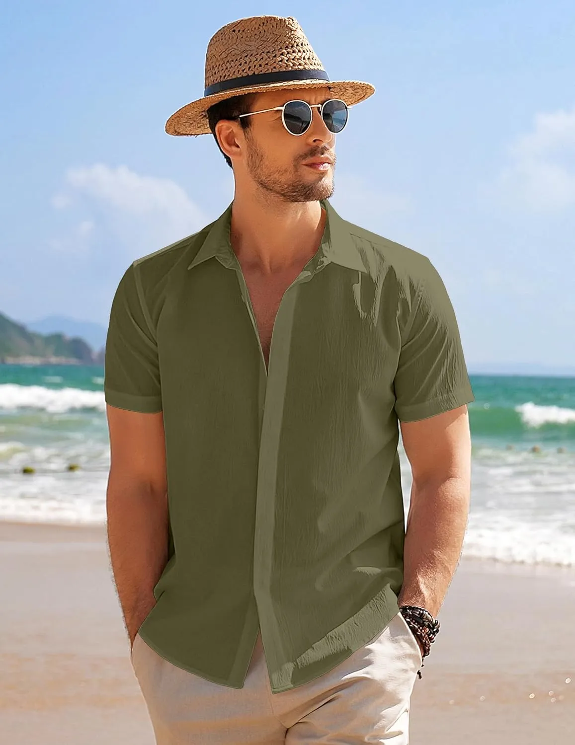 COOFANDY Men's Casual Short Sleeve Button Down Summer Beach Shirt Lightweight Textured Wrinkle Free Stretch Shirts