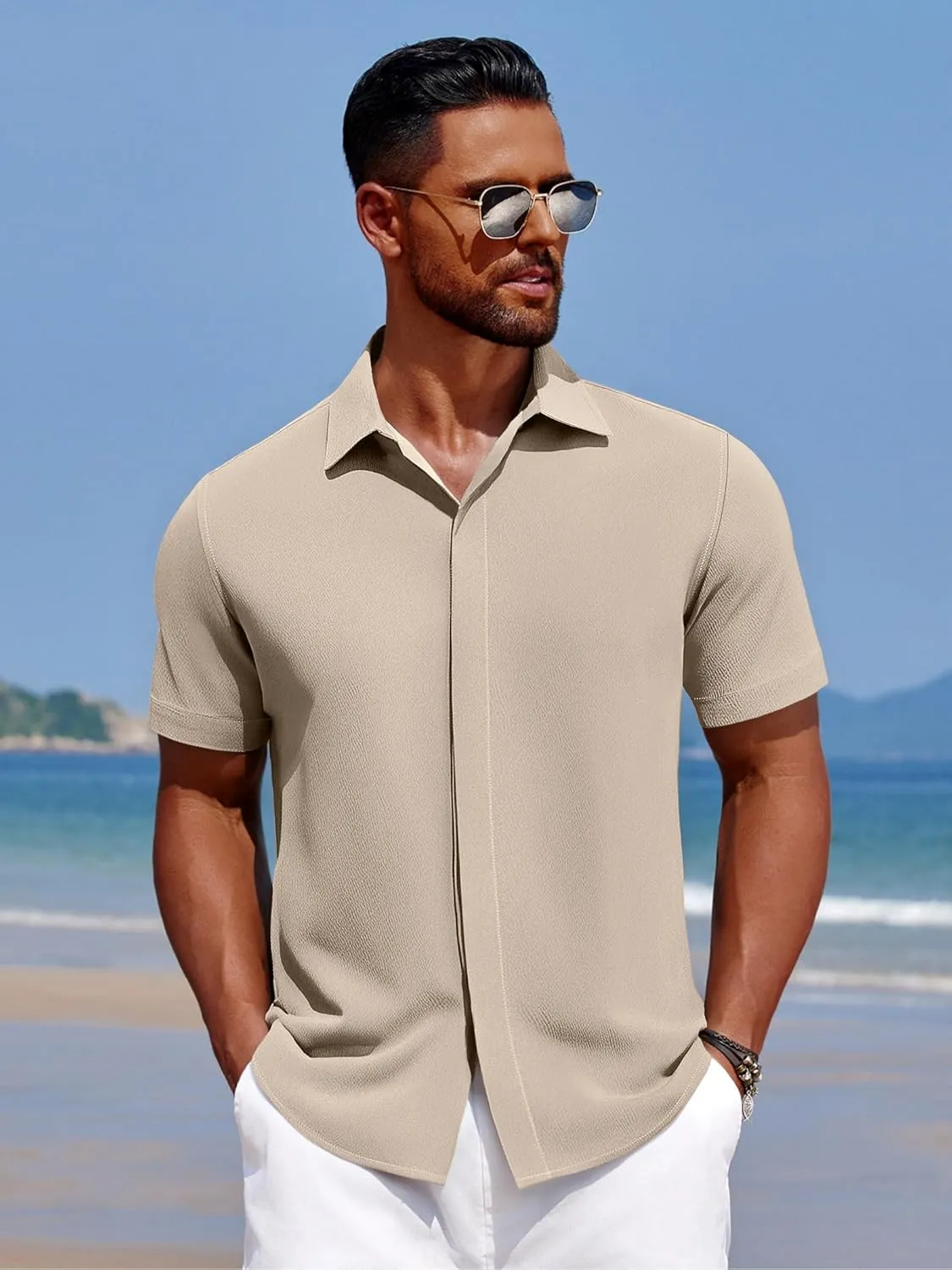 COOFANDY Men's Casual Short Sleeve Button Down Summer Beach Shirt Lightweight Textured Wrinkle Free Stretch Shirts