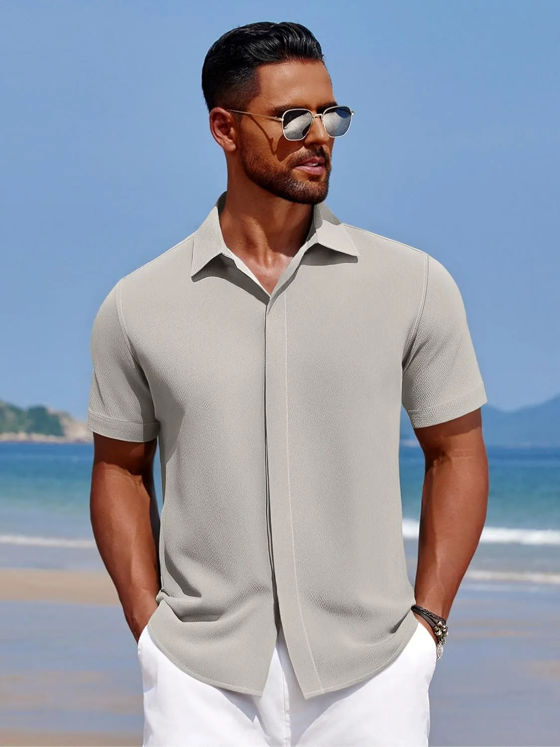 COOFANDY Men's Casual Short Sleeve Button Down Summer Beach Shirt Lightweight Textured Wrinkle Free Stretch Shirts