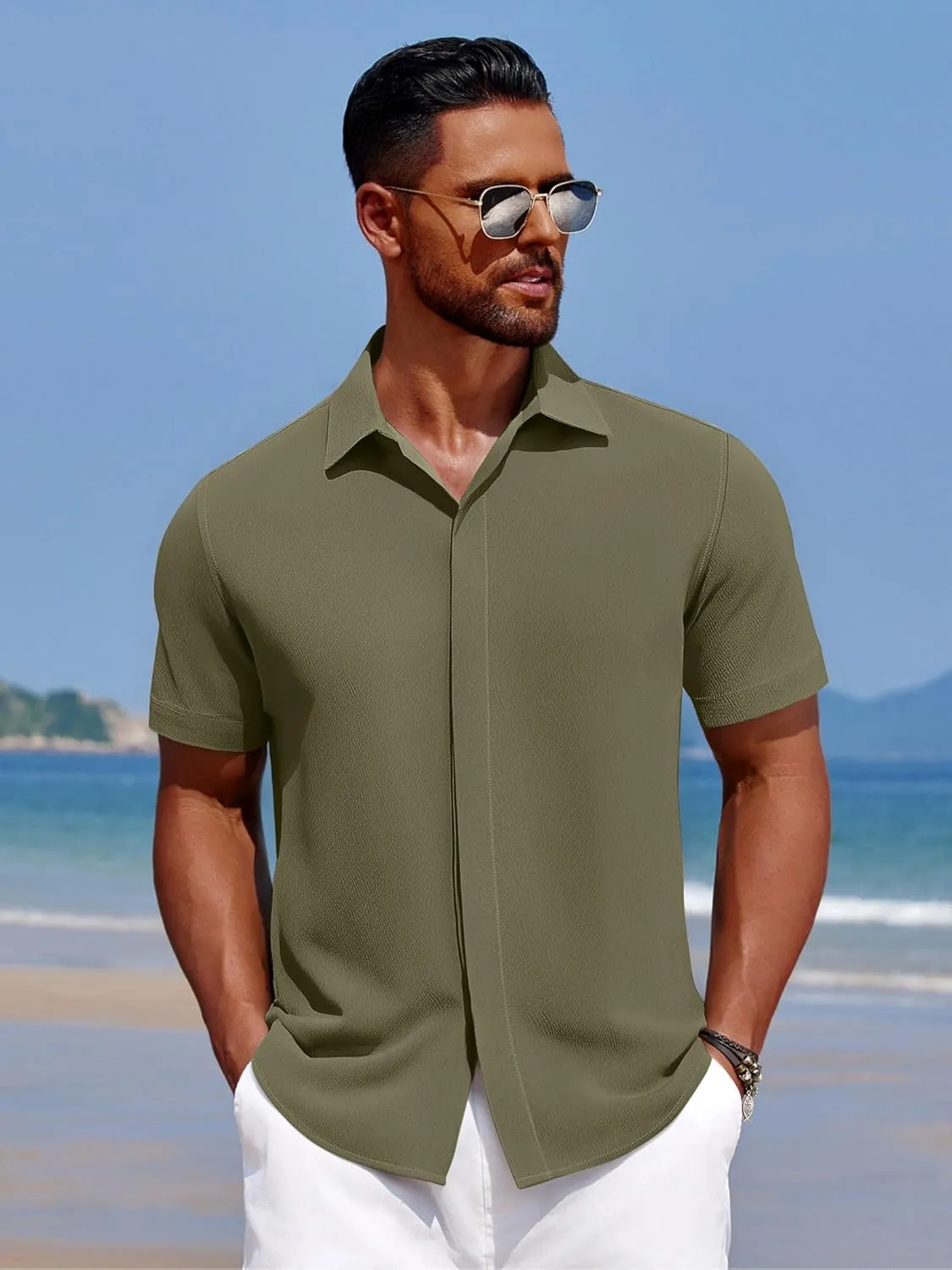 COOFANDY Men's Casual Short Sleeve Button Down Summer Beach Shirt Lightweight Textured Wrinkle Free Stretch Shirts