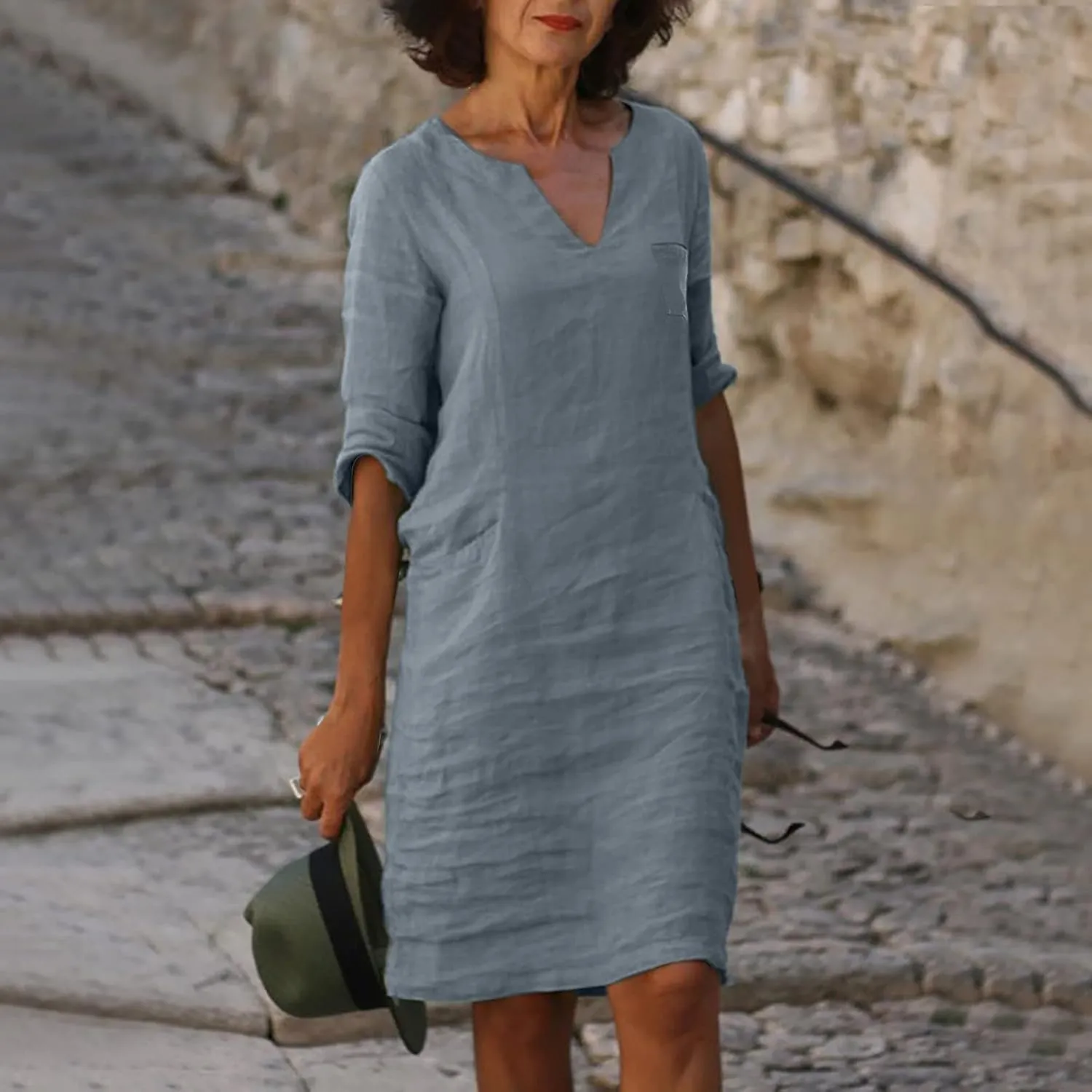 Cotton Linen Dress for Women Spring Summer Casual Elegant V Neck 3/4 Sleeve Midi Plain Beach Knee Length Shirt Dress