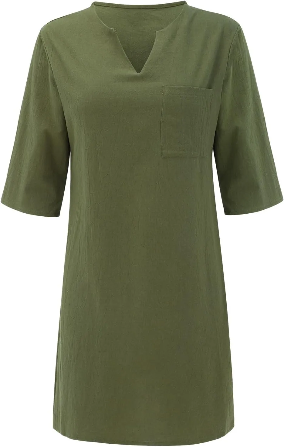 Cotton Linen Dress for Women Spring Summer Casual Elegant V Neck 3/4 Sleeve Midi Plain Beach Knee Length Shirt Dress