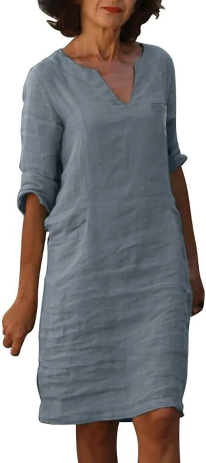Cotton Linen Dress for Women Spring Summer Casual Elegant V Neck 3/4 Sleeve Midi Plain Beach Knee Length Shirt Dress