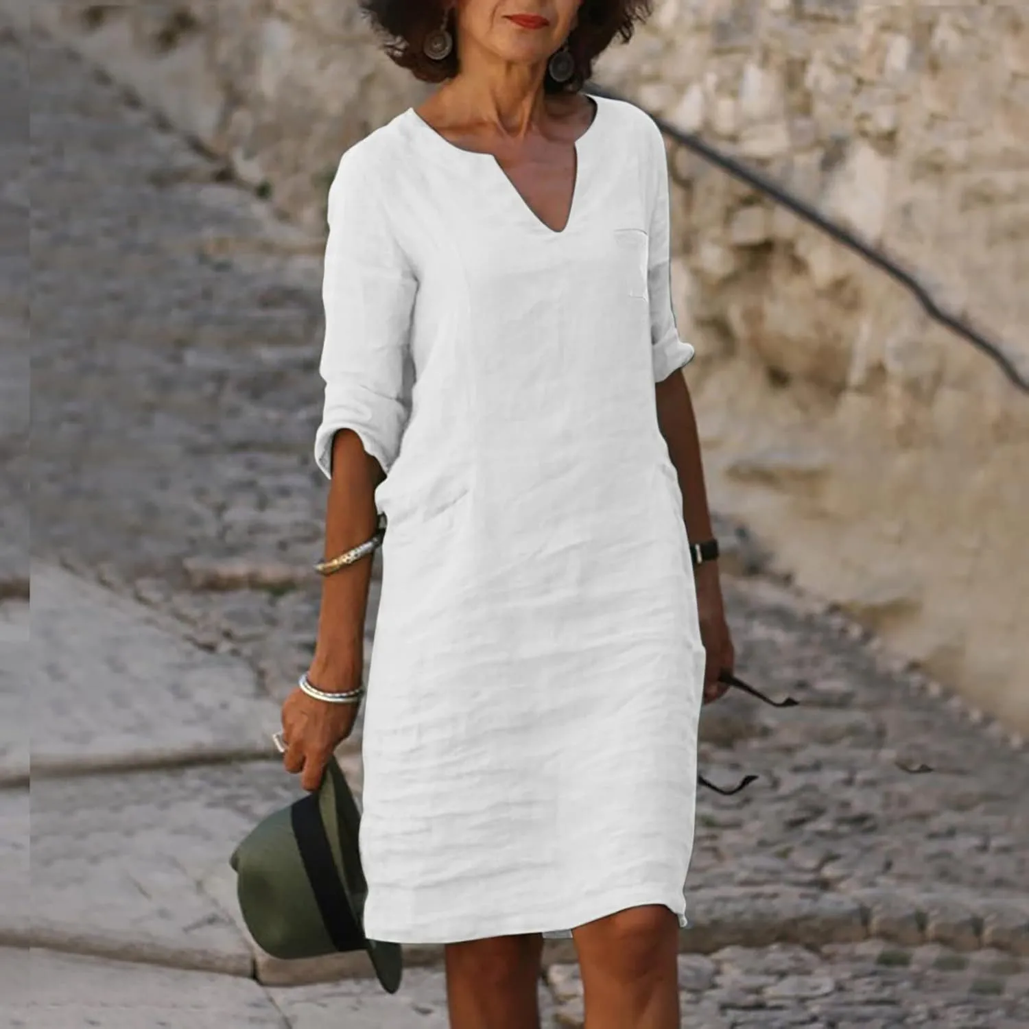 Cotton Linen Dress for Women Spring Summer Casual Elegant V Neck 3/4 Sleeve Midi Plain Beach Knee Length Shirt Dress